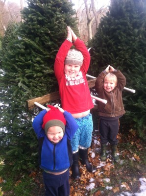three boys pretending to be Christmas trees
