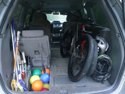 our car loaded with sporting equipment and bikes