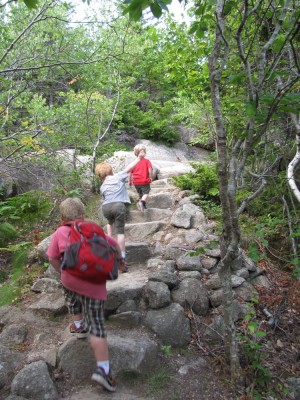 the three boys climbing big stone steps