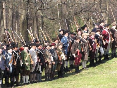 a long line of victorious militiamen shouldering arms