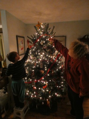 Lijah and Harvey putting ornaments on the tree