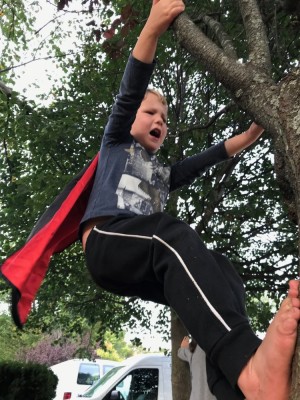 Lijah hanging in a tree wearing a cape