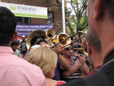 trombones in a crowd