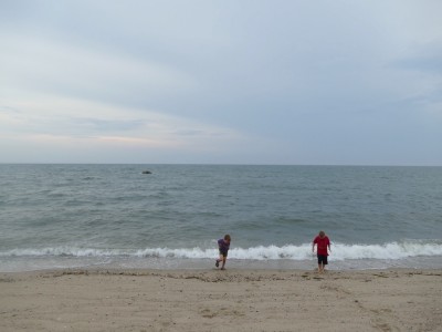 Zion and Elijah running from the waves on the beach in Truro
