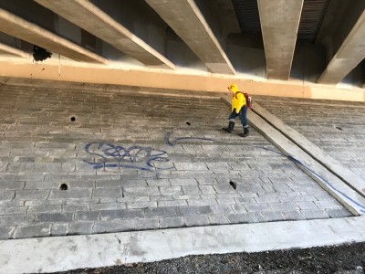Harvey in pikachu sweatshirt walking on a slope under a bridge