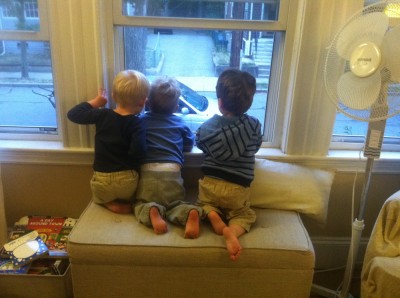 Lijah, Henry, and Liam looking out the window together