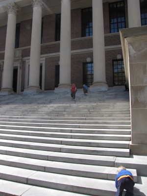 the boys climbing up the endless steps of Widener Library
