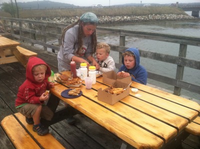 eating on the wharf in Wiscasset