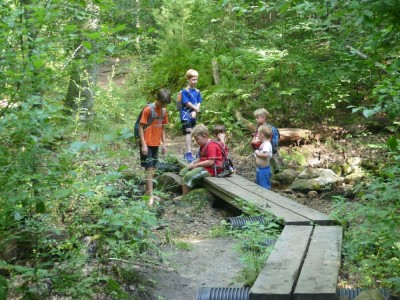 the boys and friends relaxing by a tiny brook in the woods