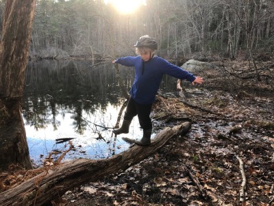 Zion walking on a log over some cold mud by a pond
