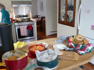 bagels, donuts, and fruit on Grandma's table