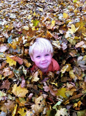 Zion's face poking up from a leaf pile
