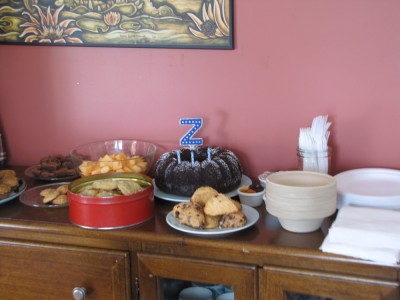 the desert spread, including a chocolate cake with a Z on it